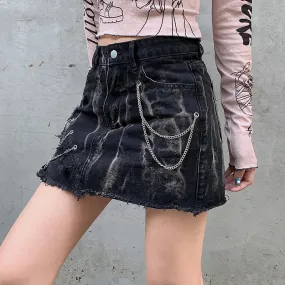 Grunge Gothic Burr Tie Dye Summer Denim Skirt Female Punk Style Chain Mini Skirts Vintage Stitching Hottie Harajuku