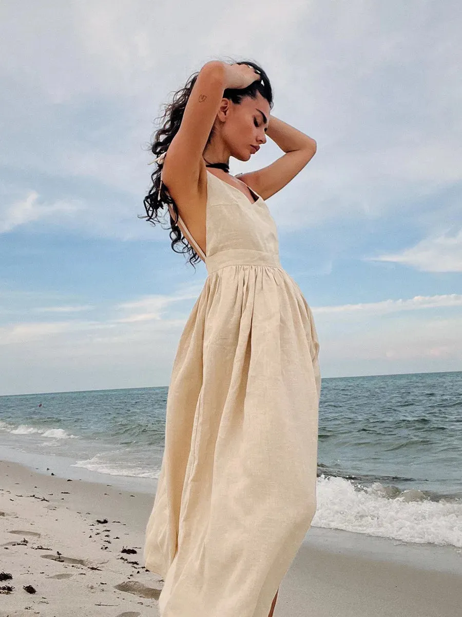 مجموعه اروين  ARWEN & AJH GROUP Spring Summer Beach Style Women Dress Vintage Loose A-line Sling Dress Sexy Hot Girl 100% Cotton V-neck Dress