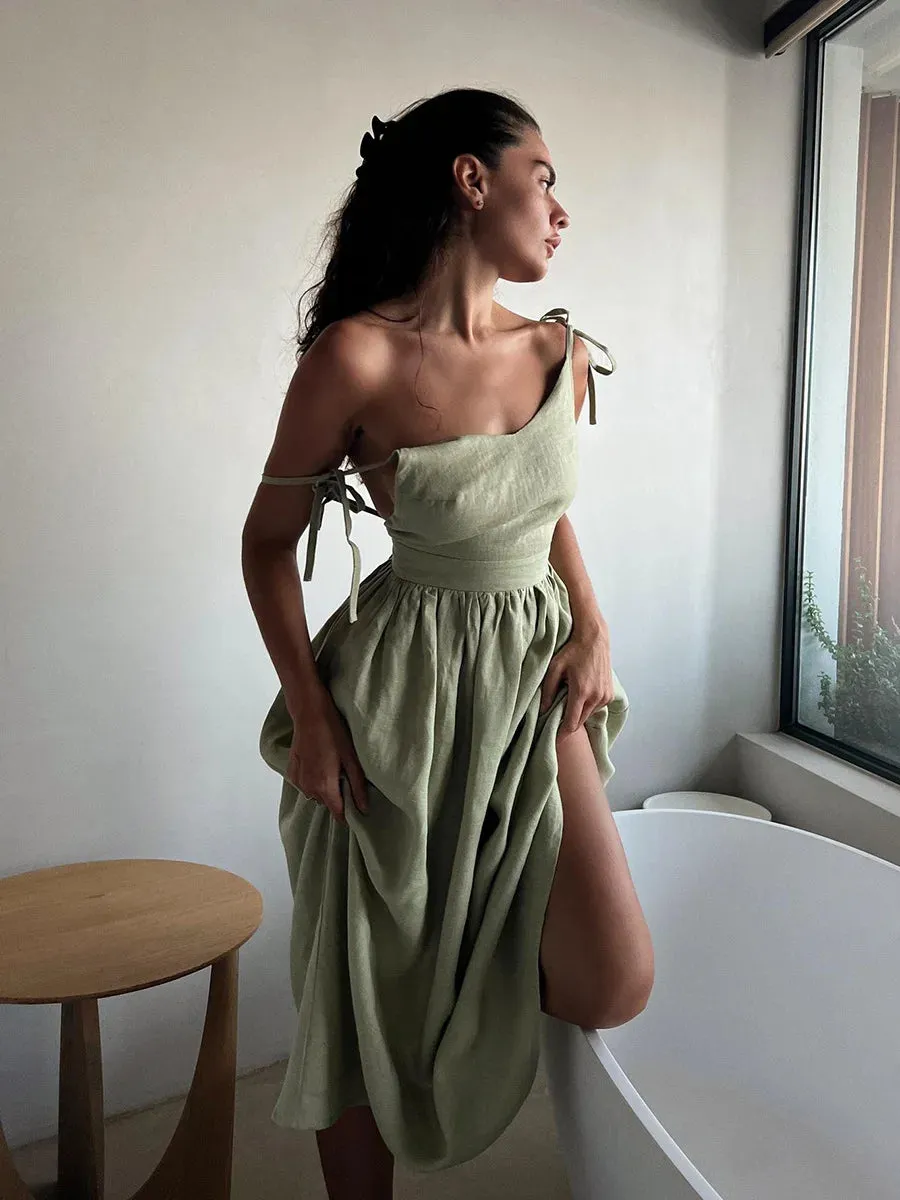 مجموعه اروين  ARWEN & AJH GROUP Spring Summer Beach Style Women Dress Vintage Loose A-line Sling Dress Sexy Hot Girl 100% Cotton V-neck Dress