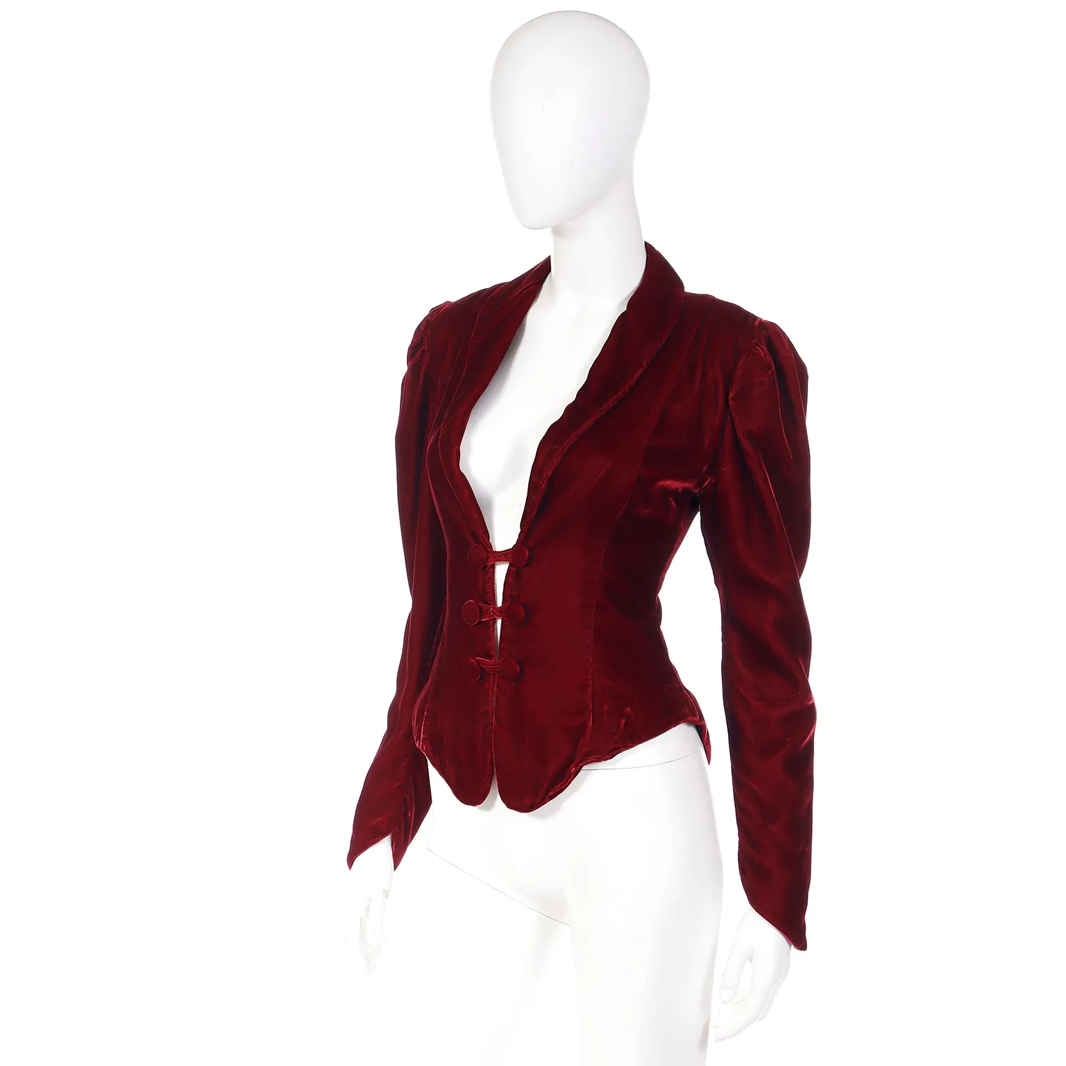 1980s Norma Kamali Red Velvet Victorian Inspired Jacket Top