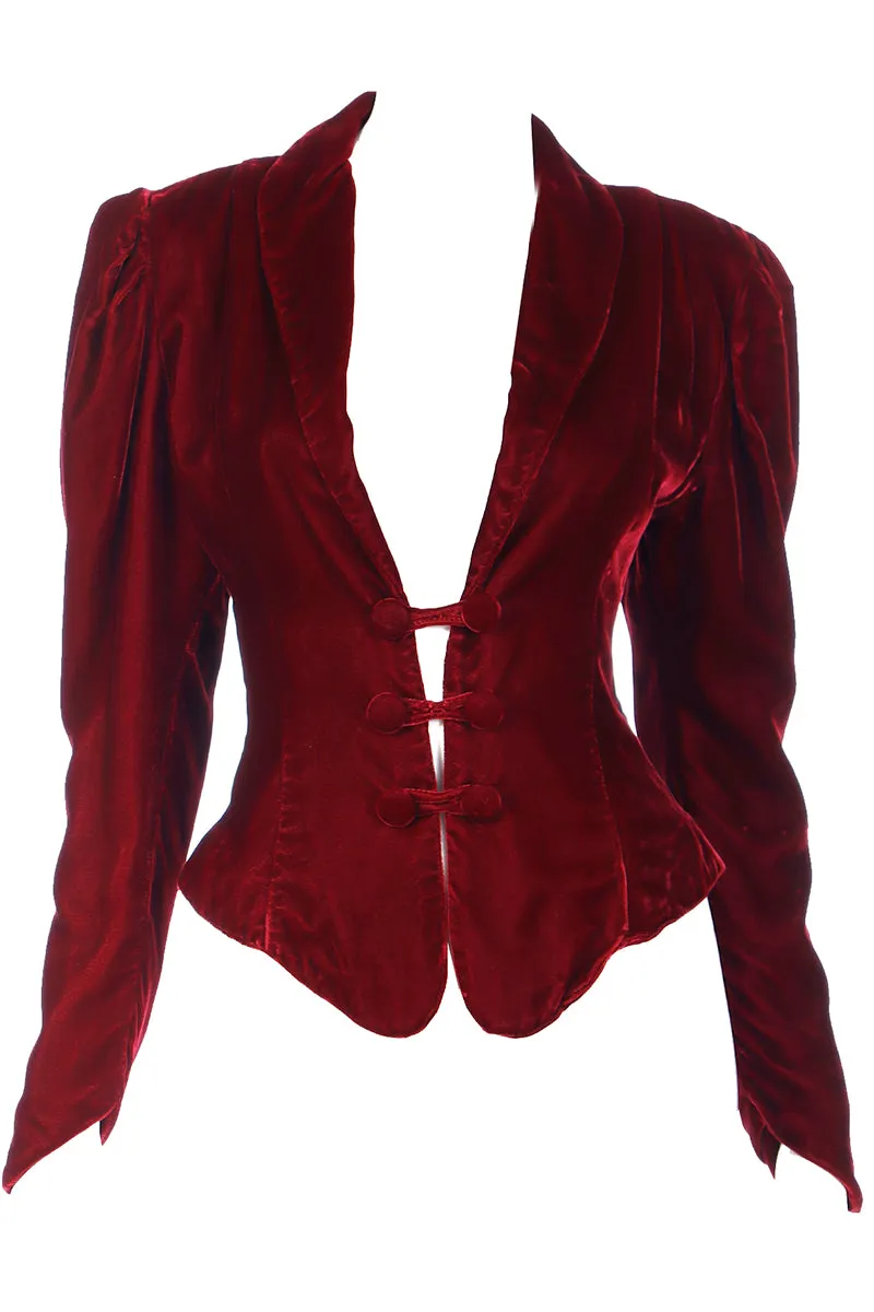 1980s Norma Kamali Red Velvet Victorian Inspired Jacket Top