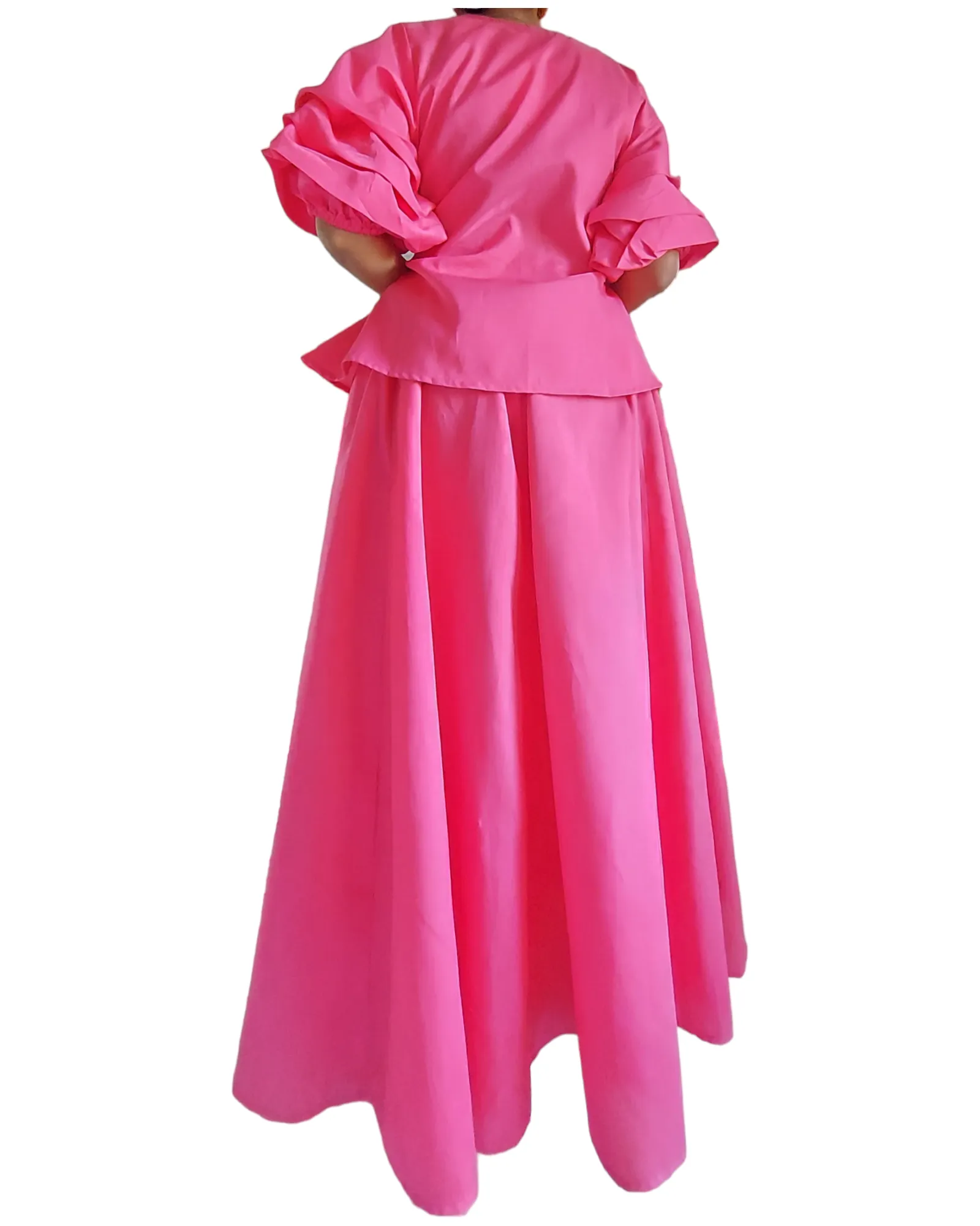 25034 Faux Silk Long Skirt & Wrap Blouse Set - Fuchsia