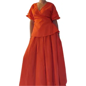 25034 Faux Silk Long Skirt & Wrap Blouse Set - Red