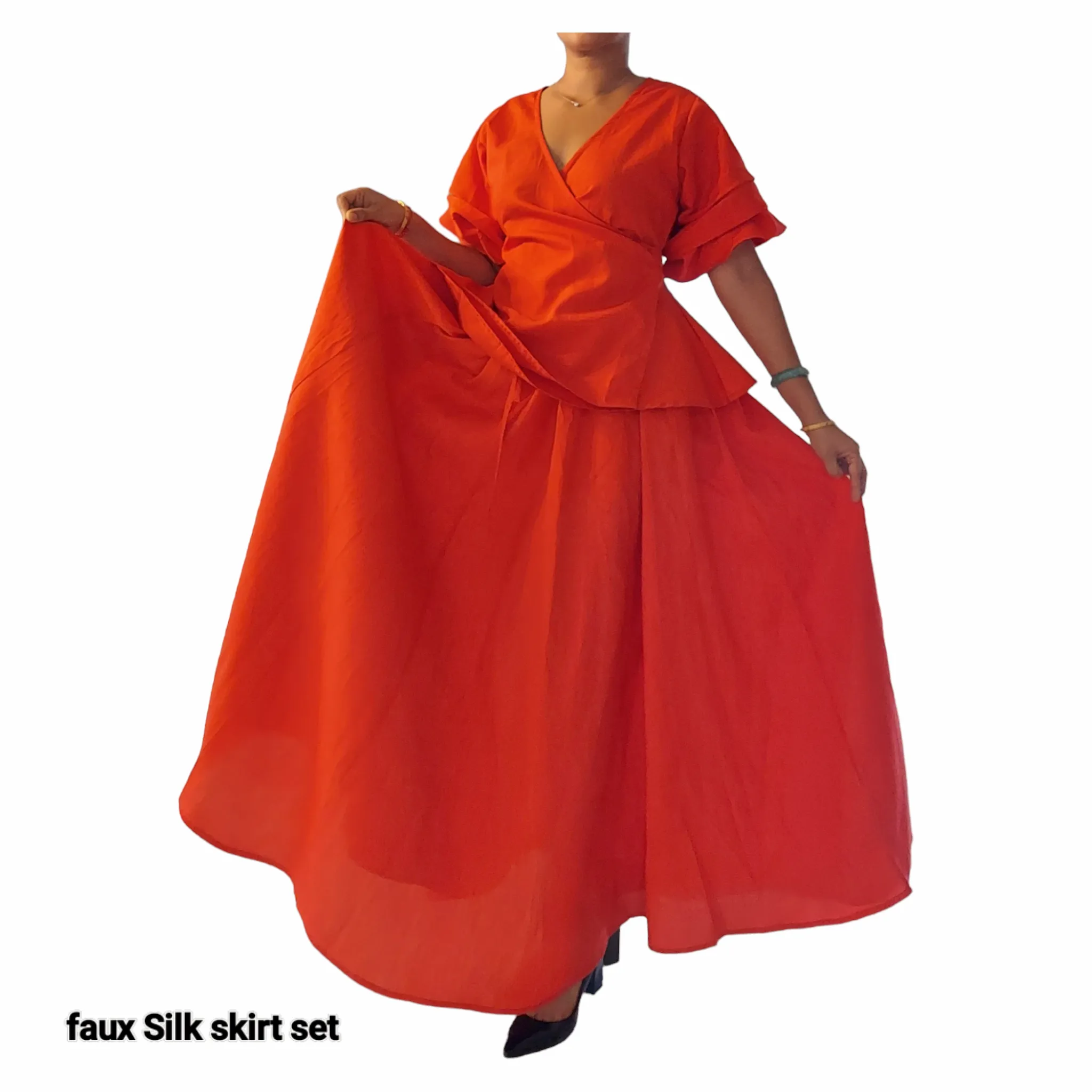 25034 Faux Silk Long Skirt & Wrap Blouse Set - Red