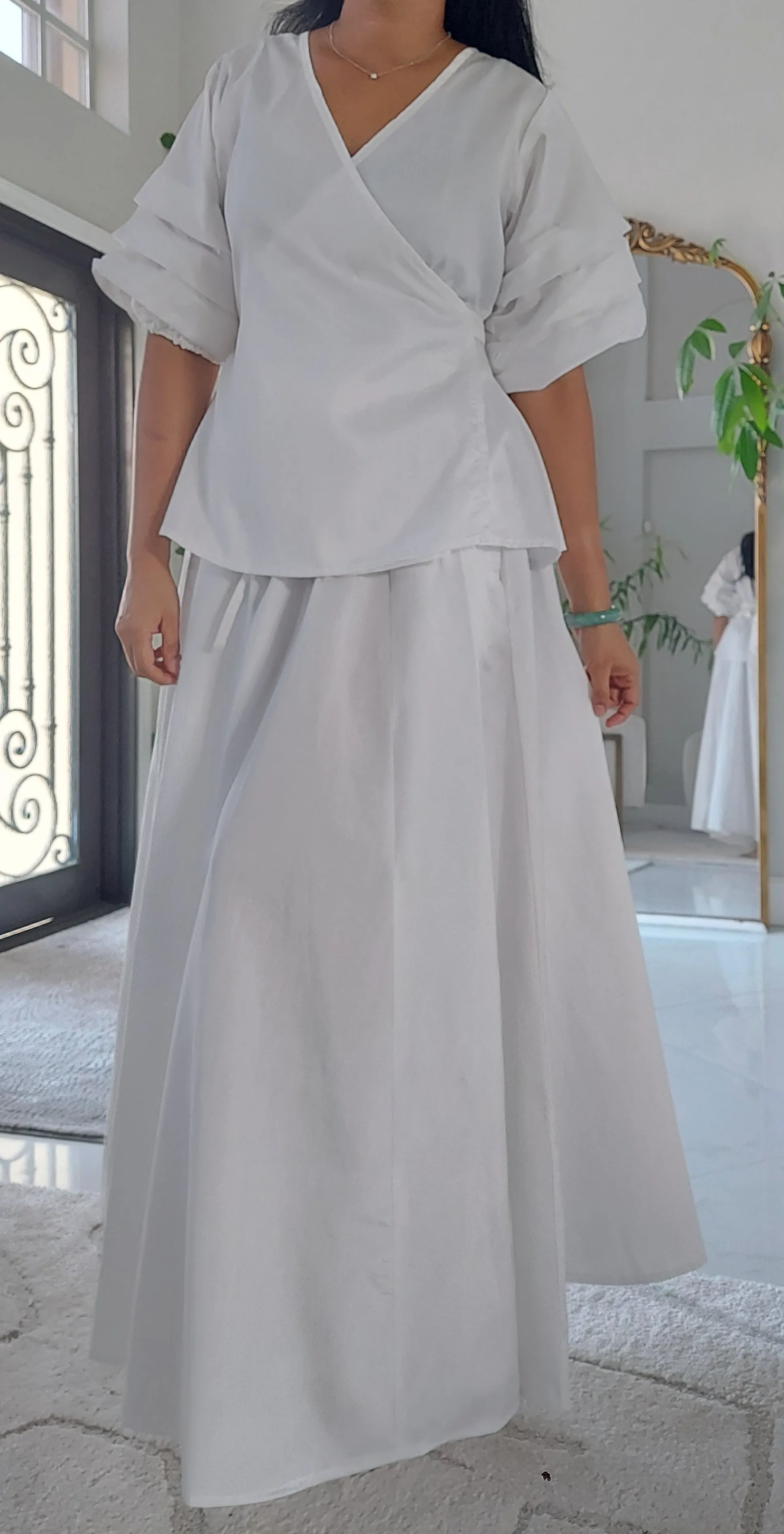 25034 Faux Silk Long Skirt & Wrap Blouse Set - White