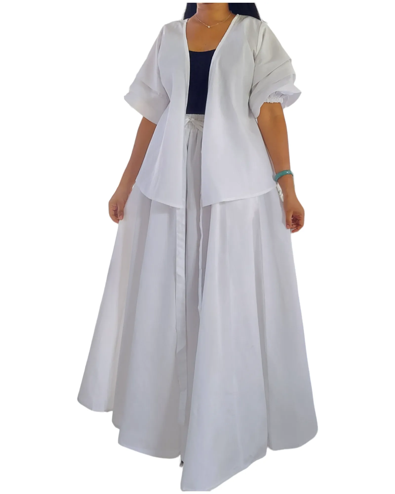 25034 Faux Silk Long Skirt & Wrap Blouse Set - White