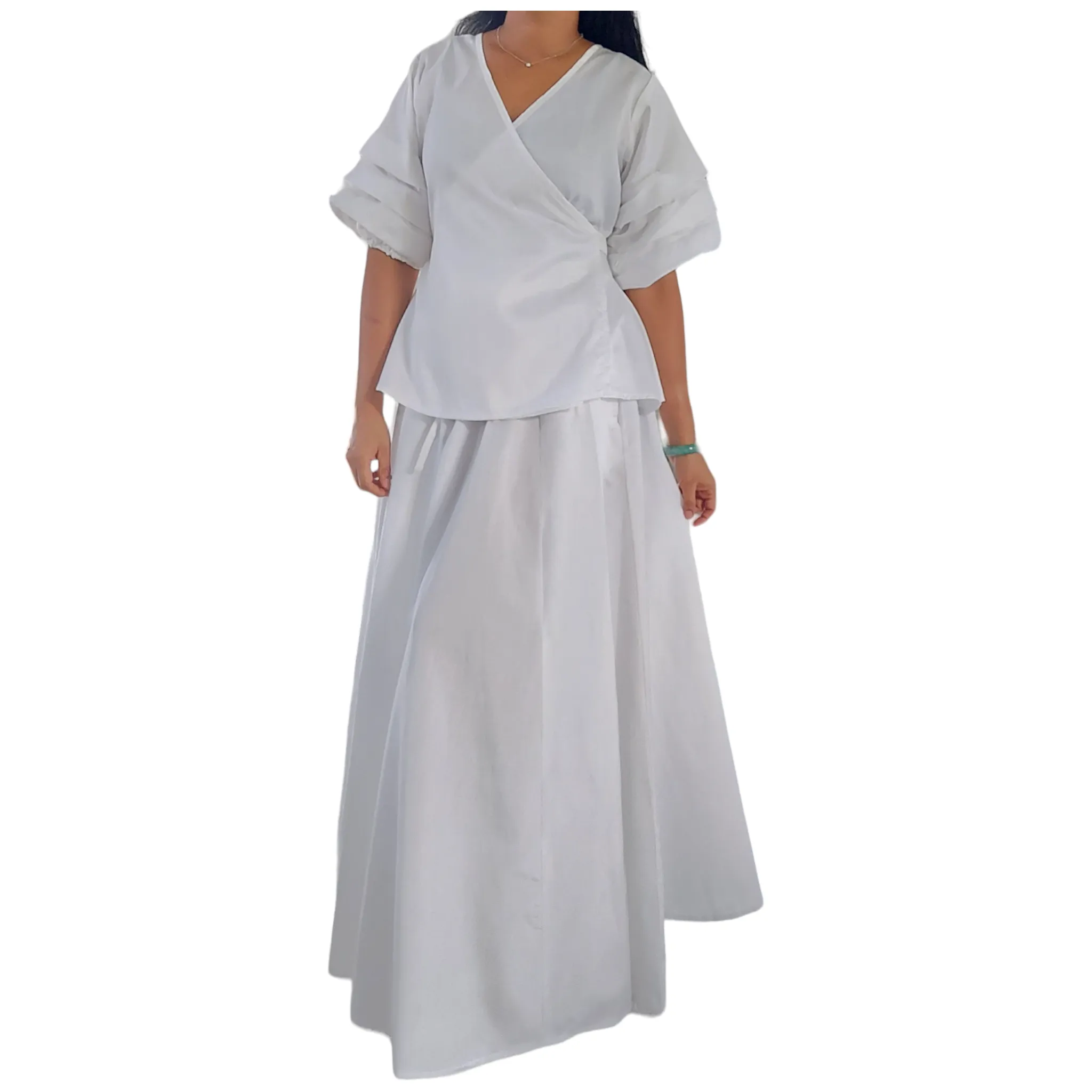 25034 Faux Silk Long Skirt & Wrap Blouse Set - White