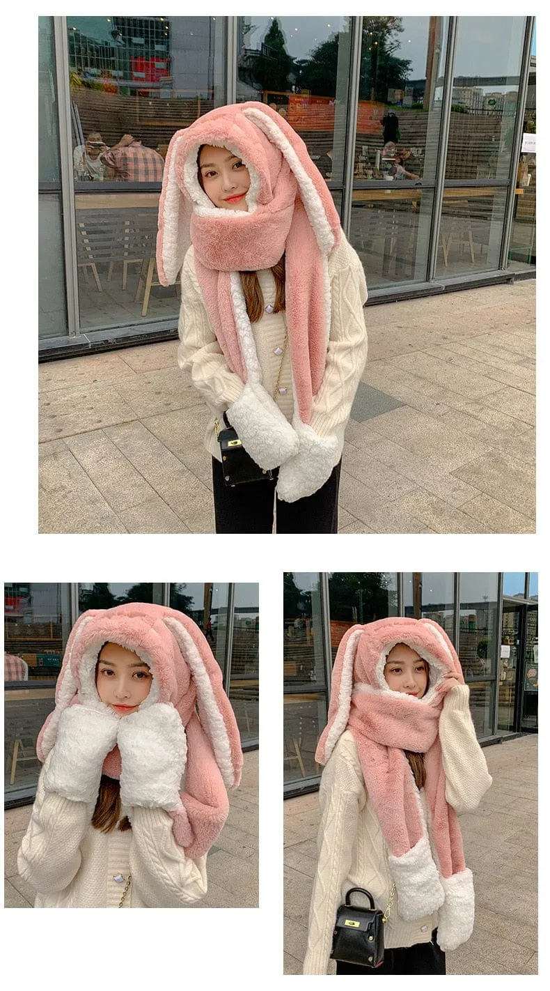 3 in 1 Fluffy Bunny Gloves Scarf Hat