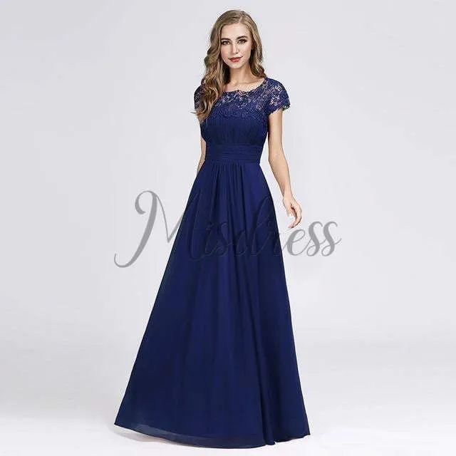 A-line Cap Sleeves Keyhole Back Lace Chiffon Evening Prom Party Dress