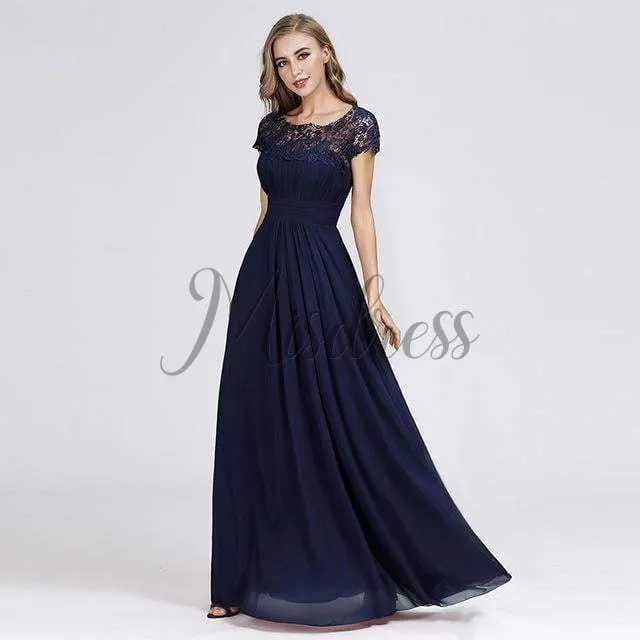 A-line Cap Sleeves Keyhole Back Lace Chiffon Evening Prom Party Dress