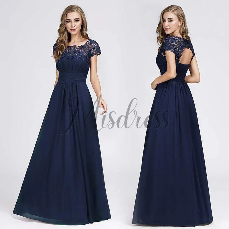 A-line Cap Sleeves Keyhole Back Lace Chiffon Evening Prom Party Dress