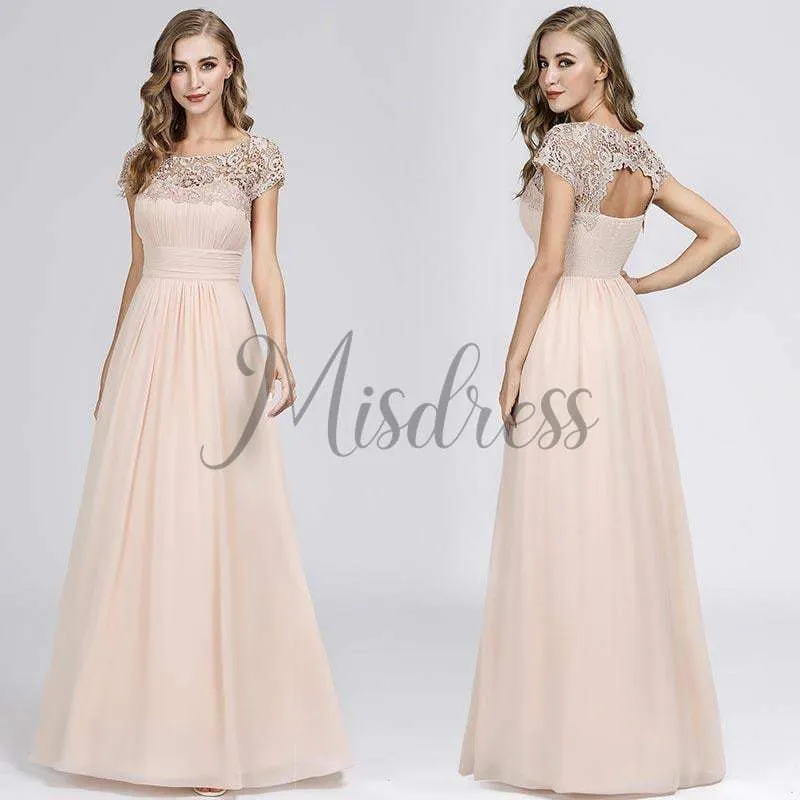 A-line Cap Sleeves Keyhole Back Lace Chiffon Evening Prom Party Dress