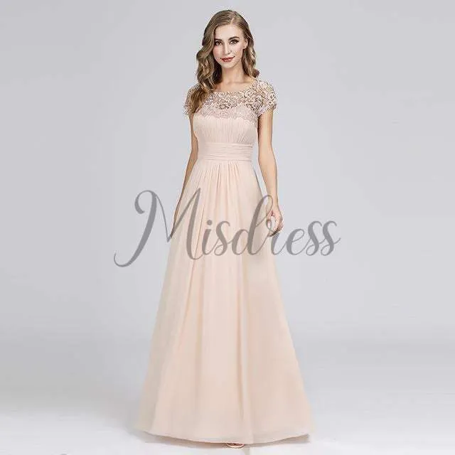 A-line Cap Sleeves Keyhole Back Lace Chiffon Evening Prom Party Dress