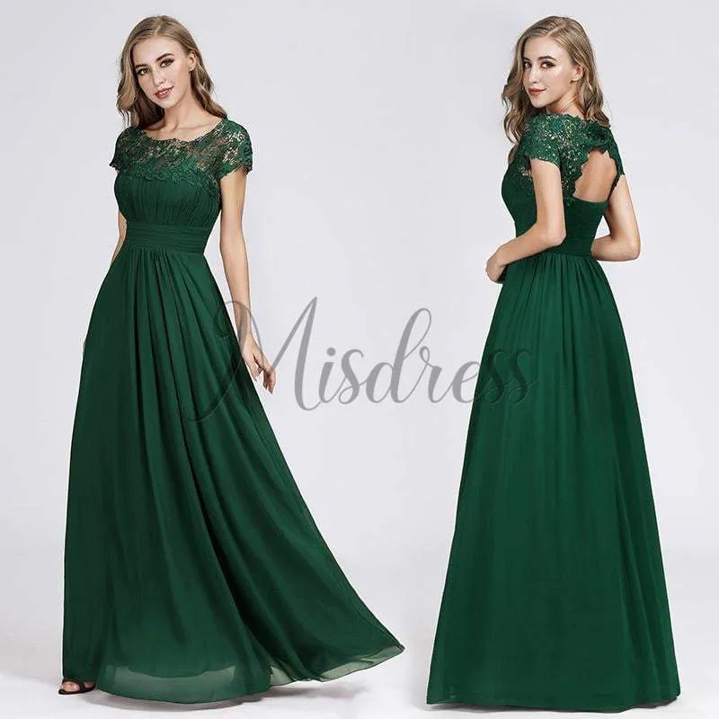 A-line Cap Sleeves Keyhole Back Lace Chiffon Evening Prom Party Dress