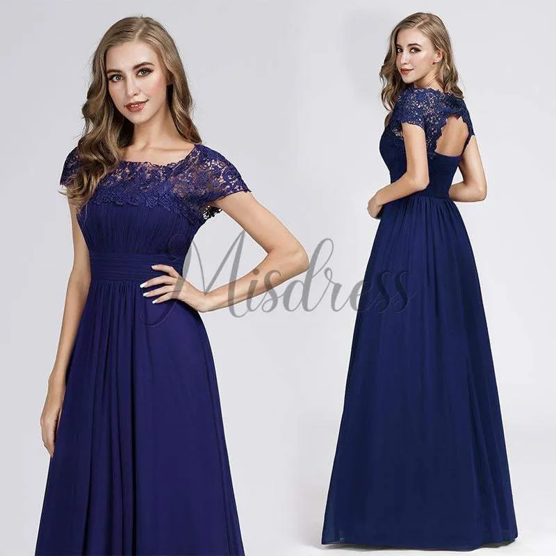 A-line Cap Sleeves Keyhole Back Lace Chiffon Evening Prom Party Dress