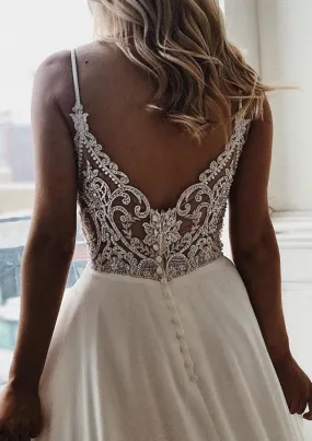 A-line Straps V Neck Open Back Chapel Lace Chiffon Wedding Dress