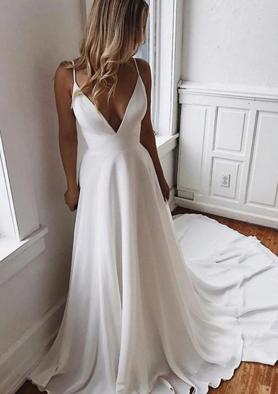 A-line Straps V Neck Open Back Chapel Lace Chiffon Wedding Dress