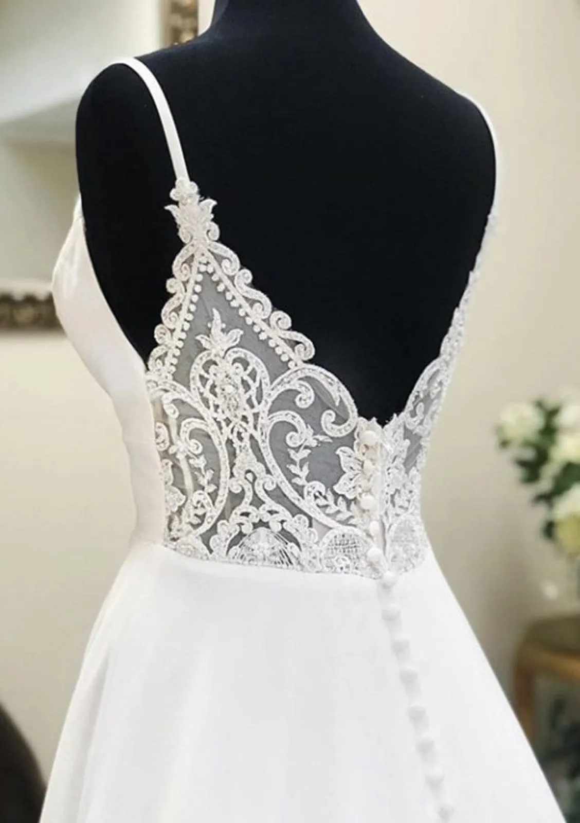 A-line Straps V Neck Open Back Chapel Lace Chiffon Wedding Dress