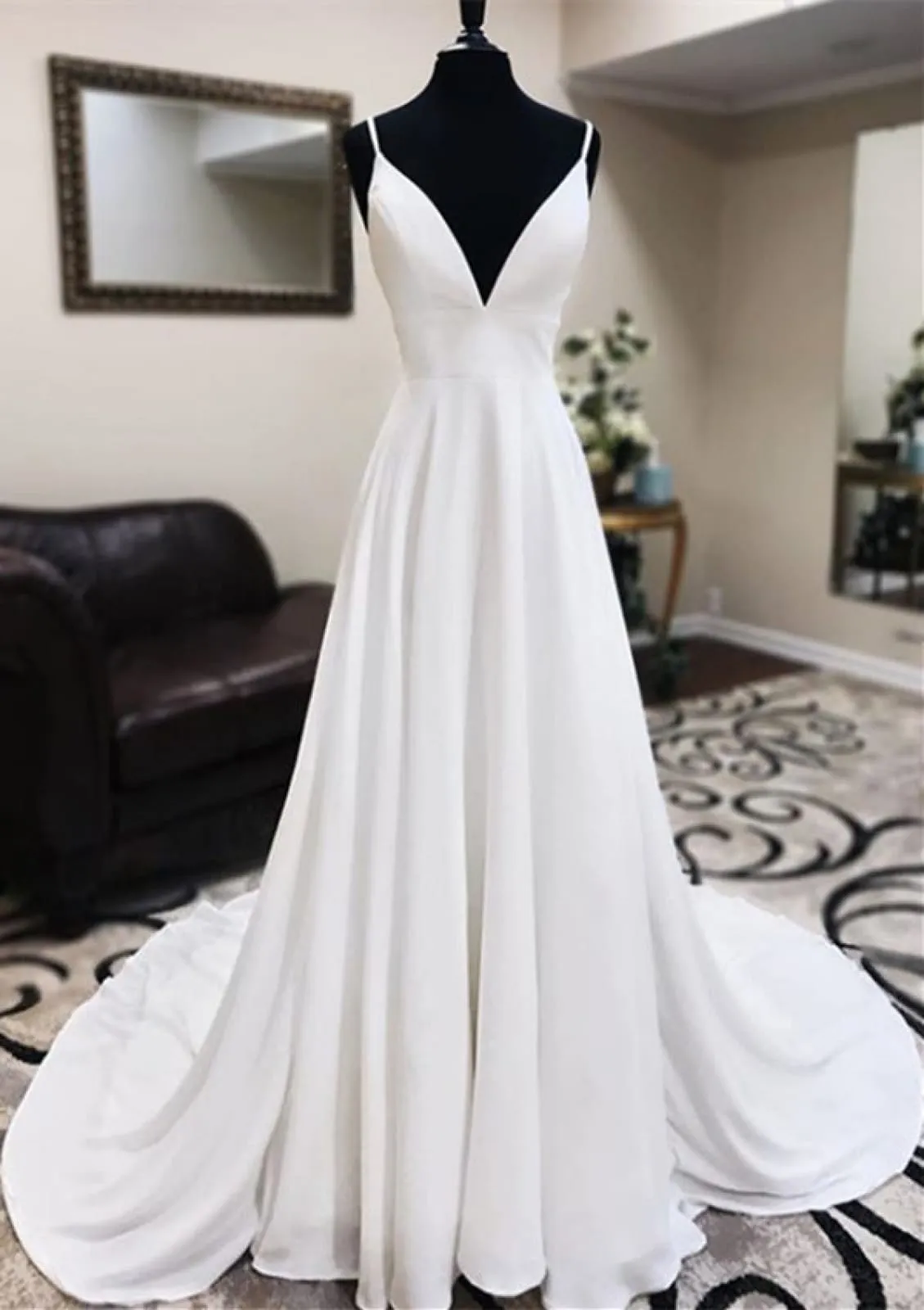 A-line Straps V Neck Open Back Chapel Lace Chiffon Wedding Dress