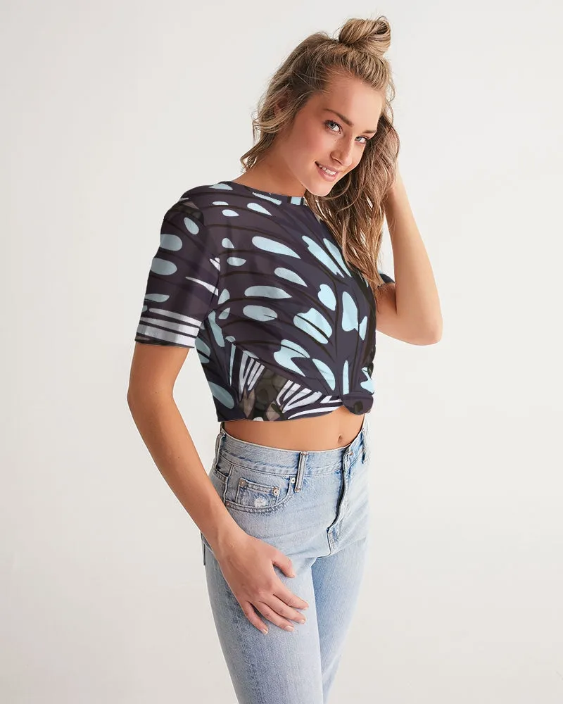 Abstract Blue Butterfly Wings Women's Twist-Front Cropped T Shirt