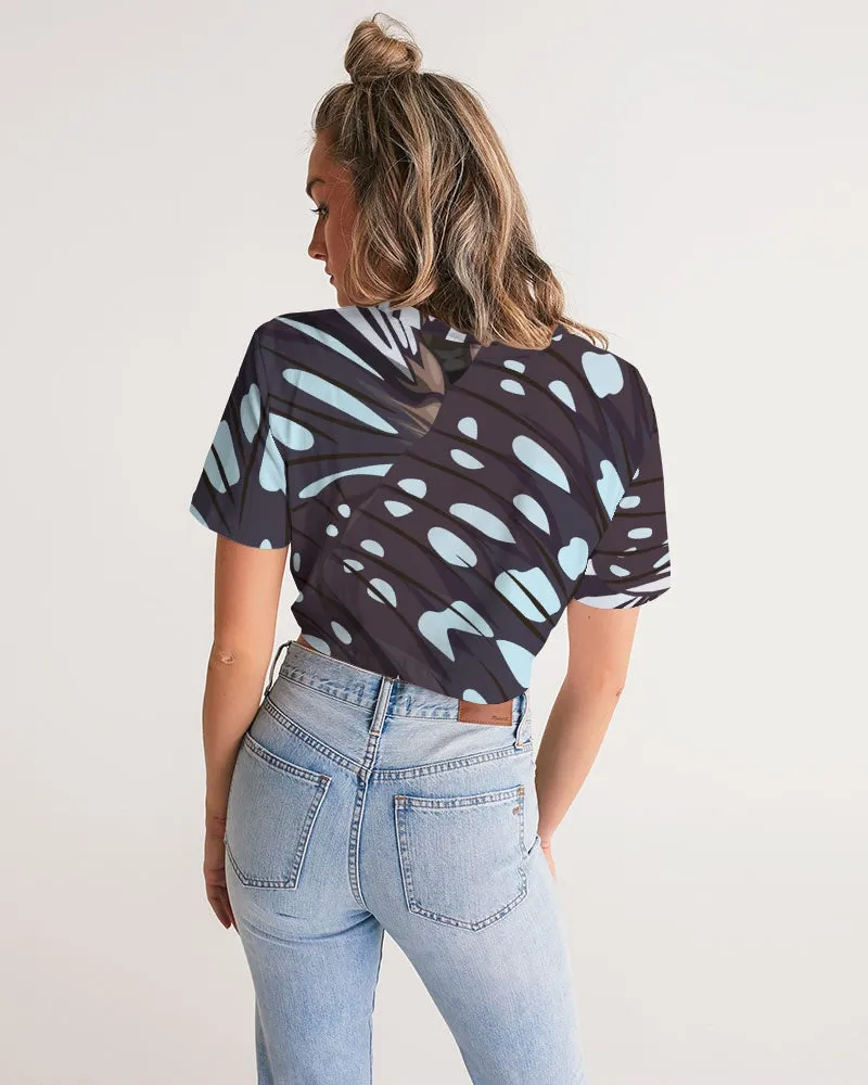 Abstract Blue Butterfly Wings Women's Twist-Front Cropped T Shirt