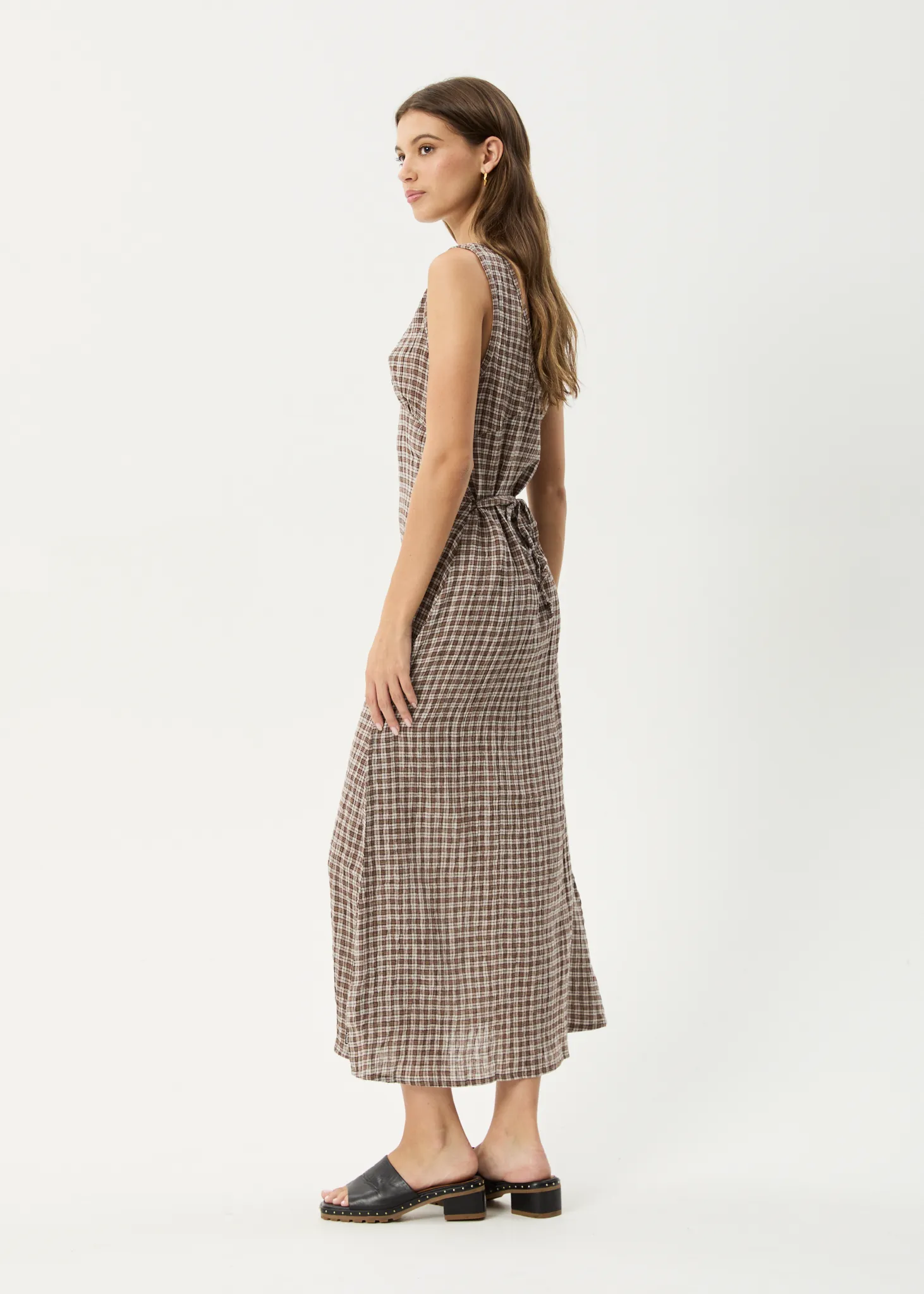 AFENDS Womens Base - Seersucker Check Maxi Dress - Coffee Check