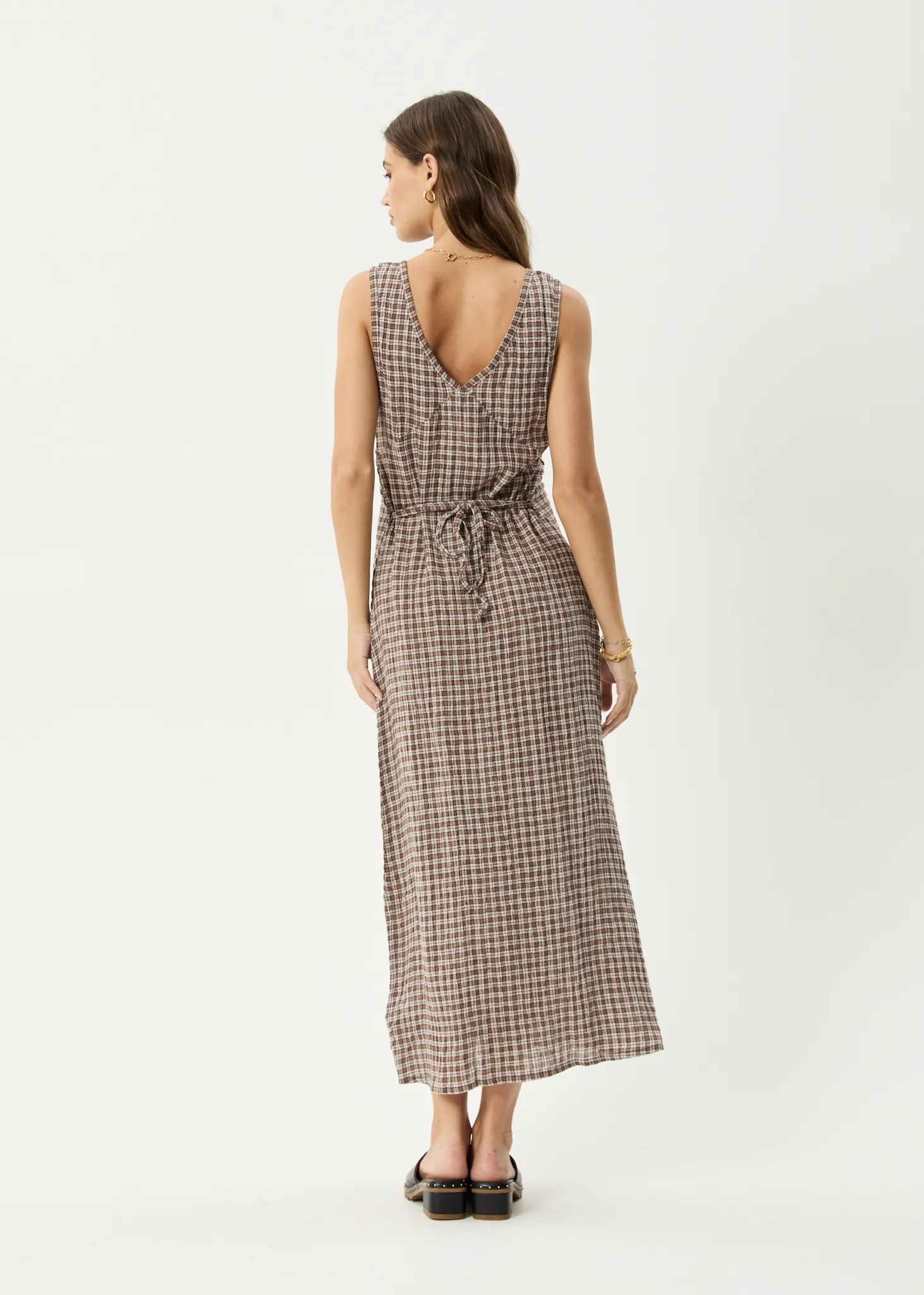 AFENDS Womens Base - Seersucker Check Maxi Dress - Coffee Check