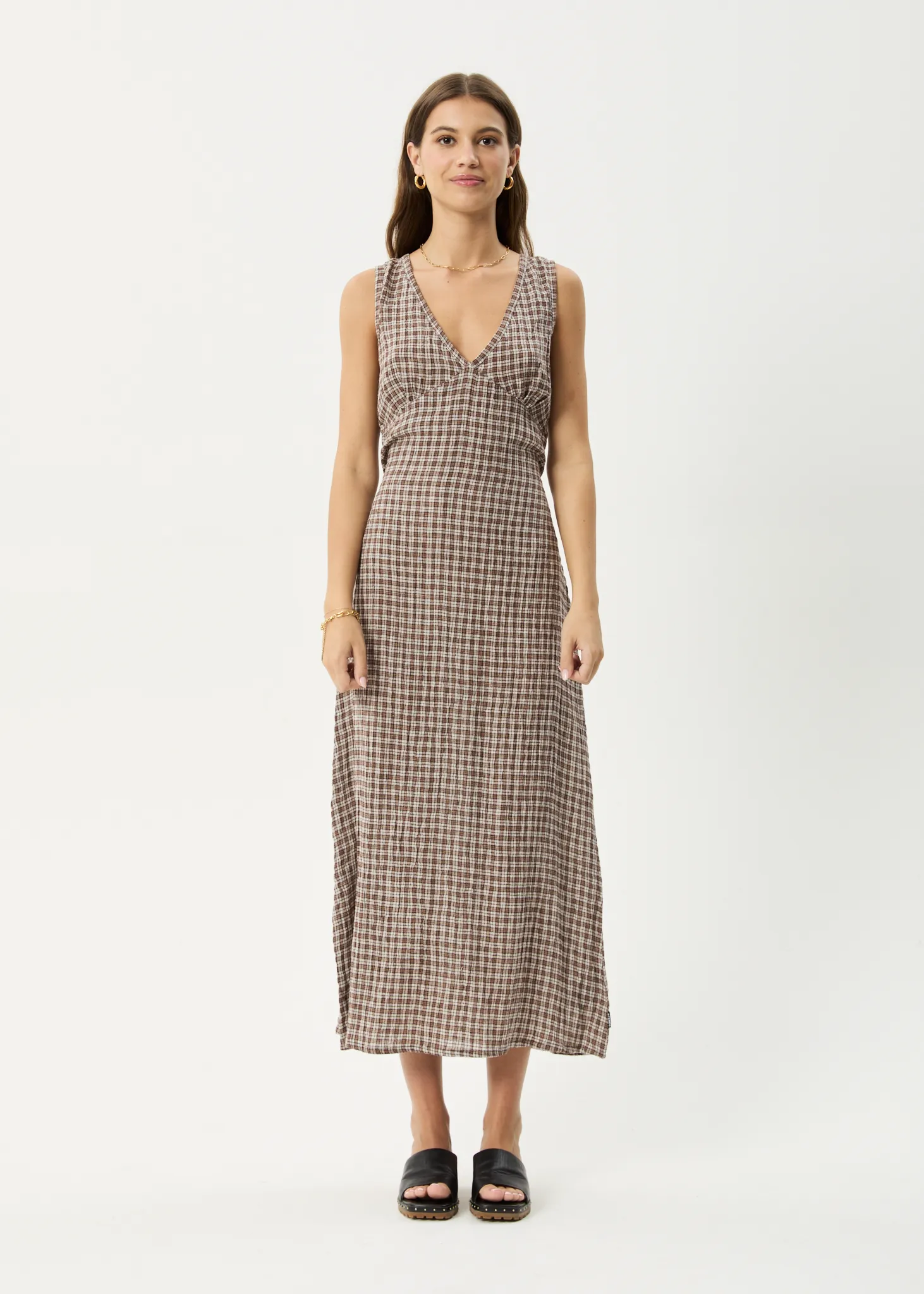 AFENDS Womens Base - Seersucker Check Maxi Dress - Coffee Check