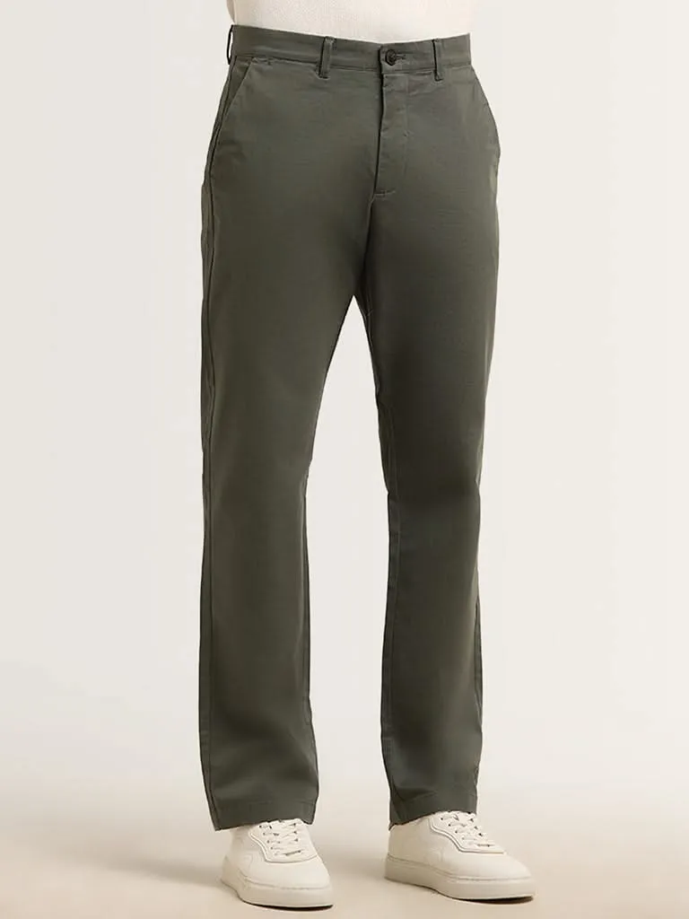 Ascot Dark Olive Mid Rise Cotton Blend Relaxed Fit Chinos