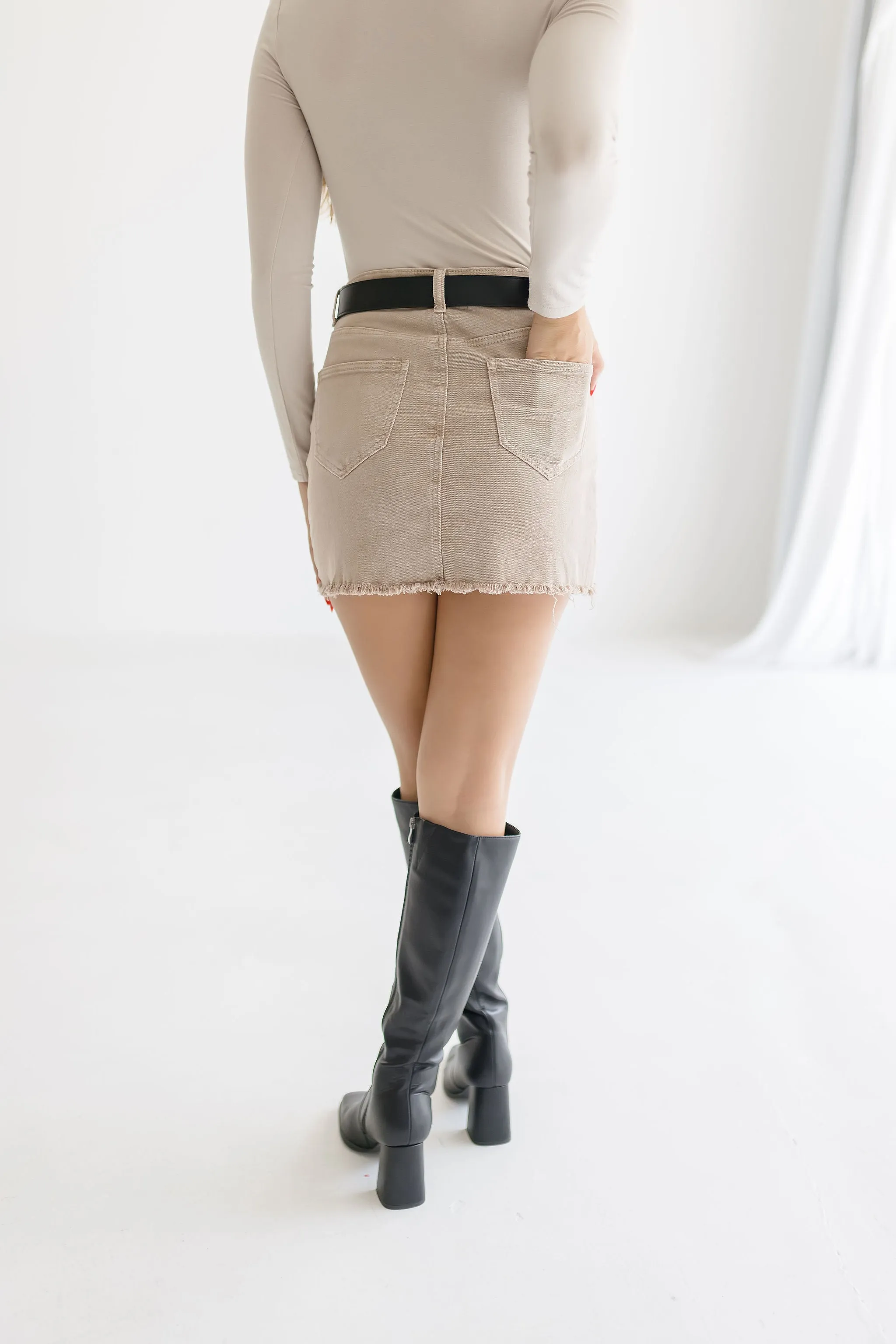 Ashlyn High Waist Washed Frayed Hem Denim Mini Skirt Mocha