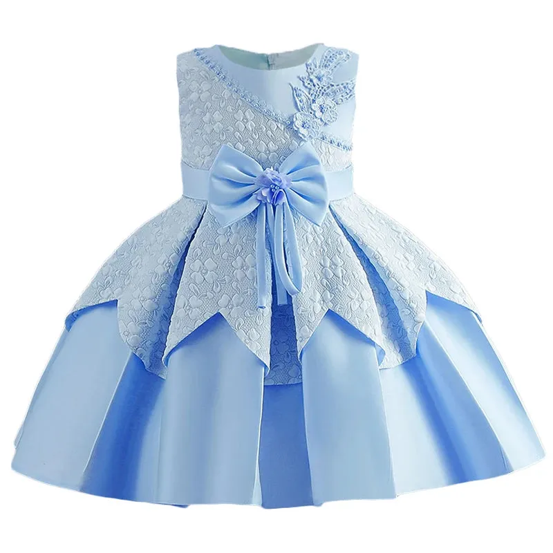 Baby Toddler Girls Lace Flower Dress With Pearl First Princess Birthday Party Dress