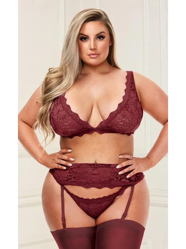 Baci 3pc Lace Bra Garter Skirt & G-String Set Wine Queen