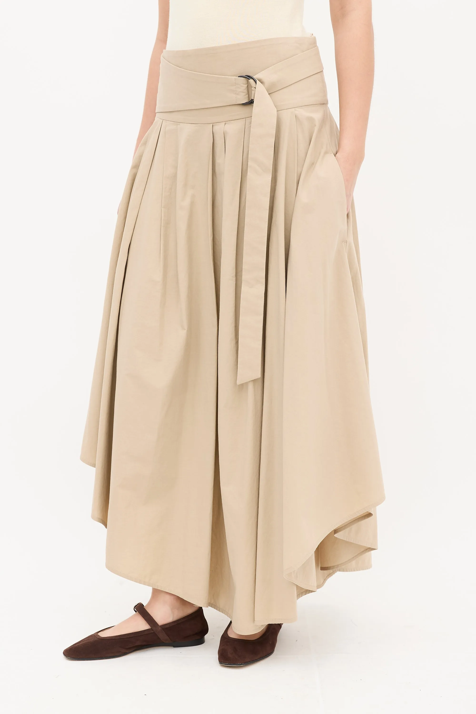 Beige Cotton Pleated Asymmetrical Midi Skirt