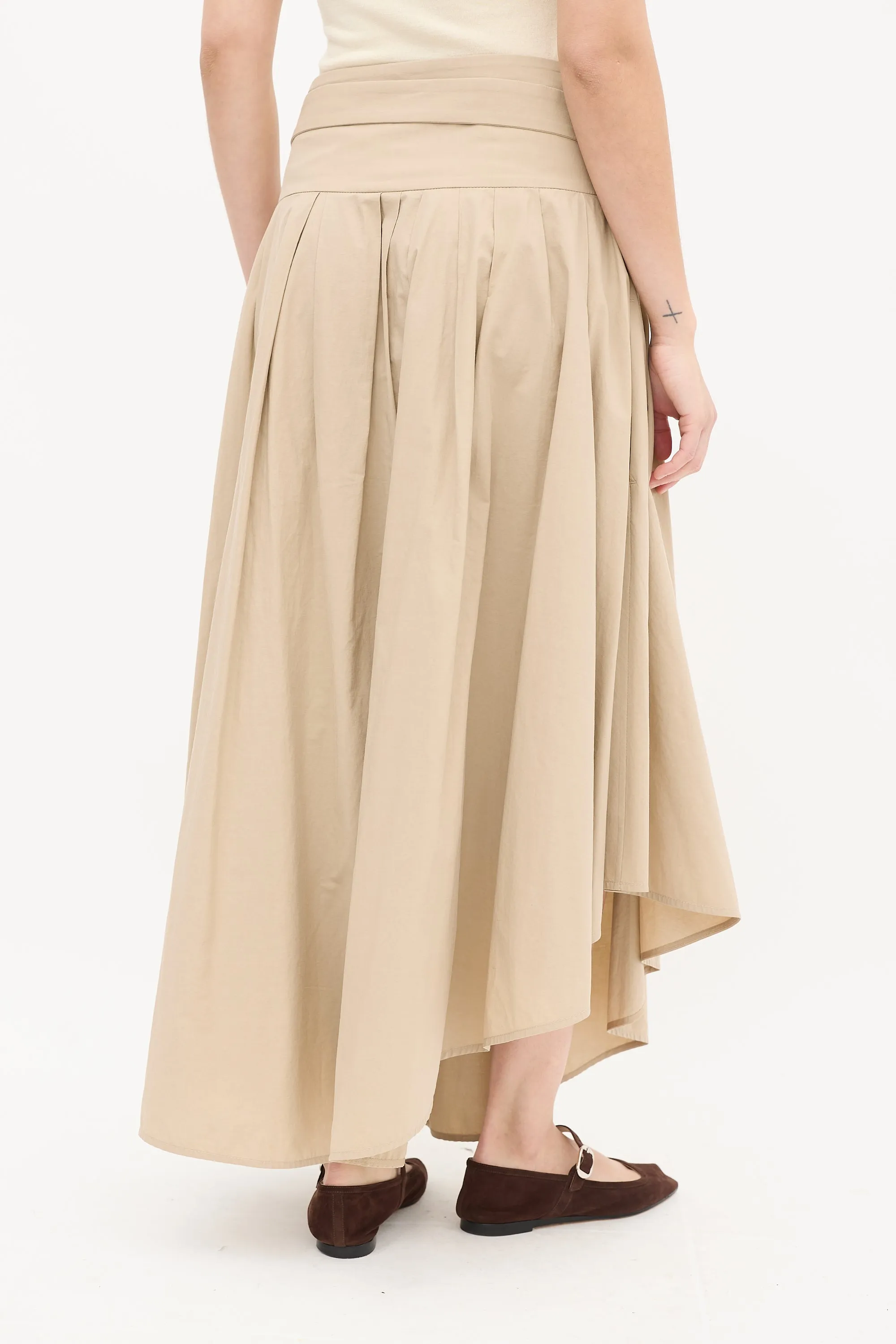 Beige Cotton Pleated Asymmetrical Midi Skirt