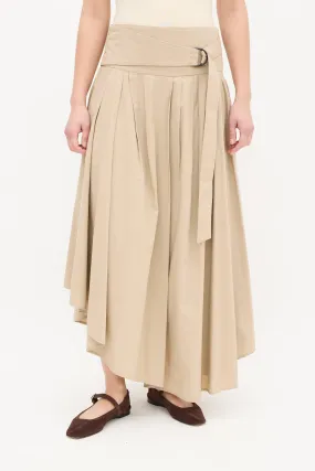 Beige Cotton Pleated Asymmetrical Midi Skirt