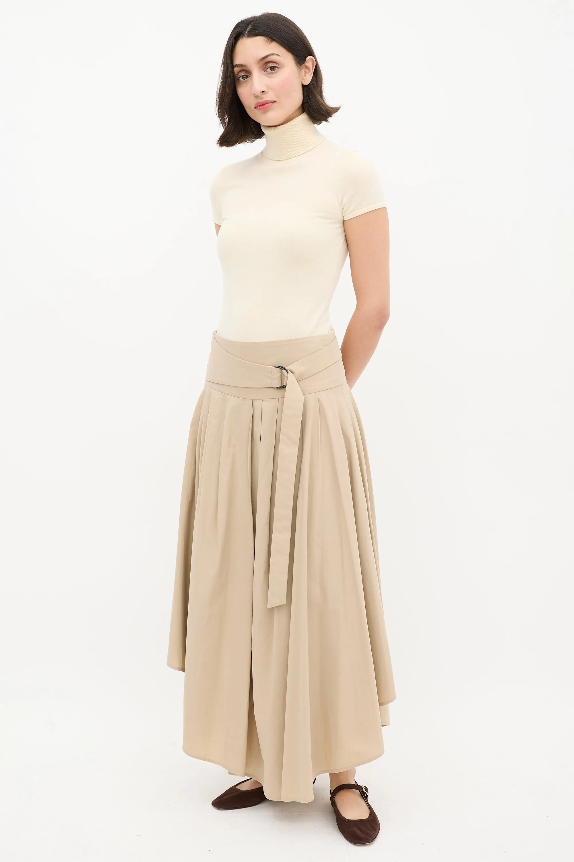 Beige Cotton Pleated Asymmetrical Midi Skirt