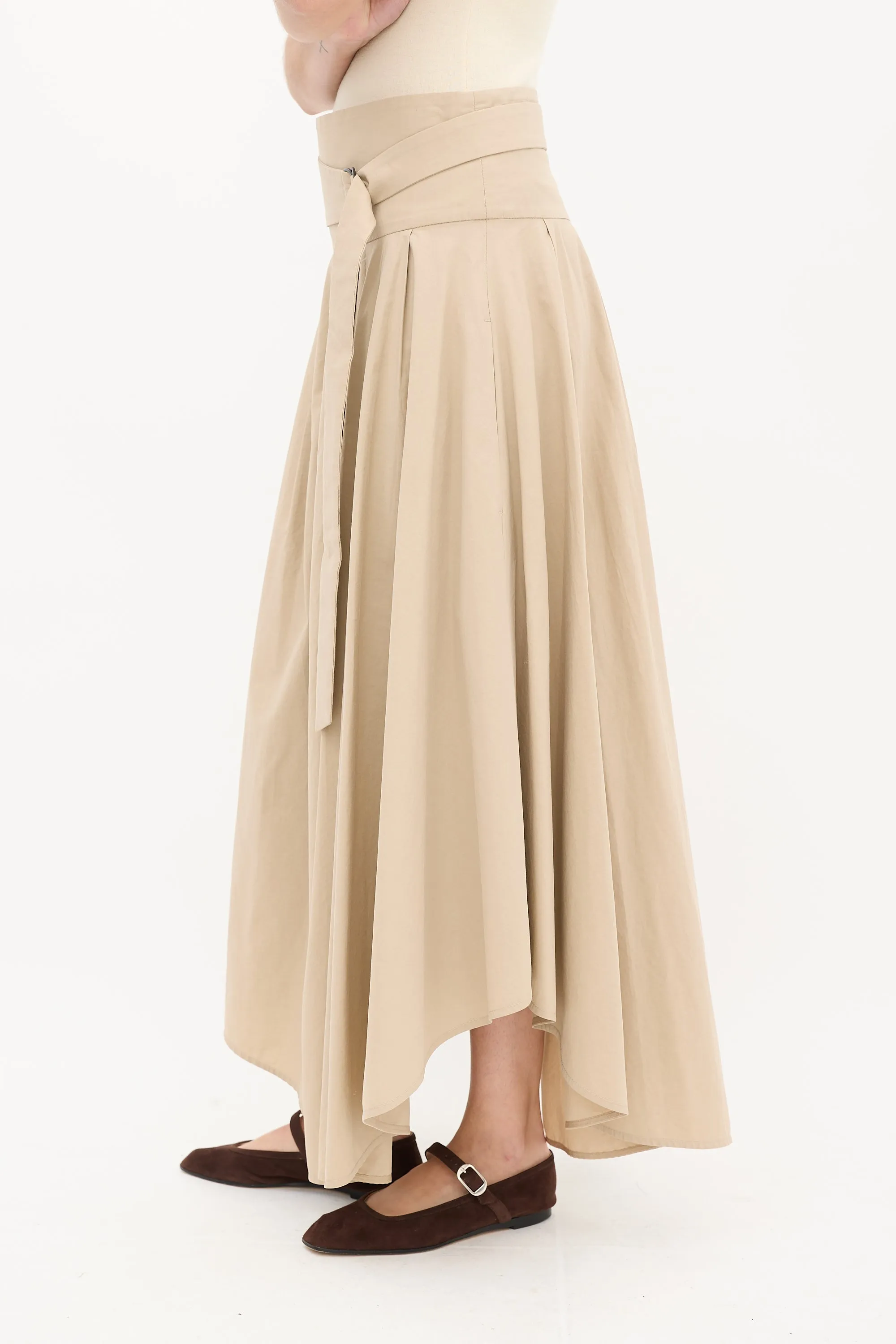 Beige Cotton Pleated Asymmetrical Midi Skirt