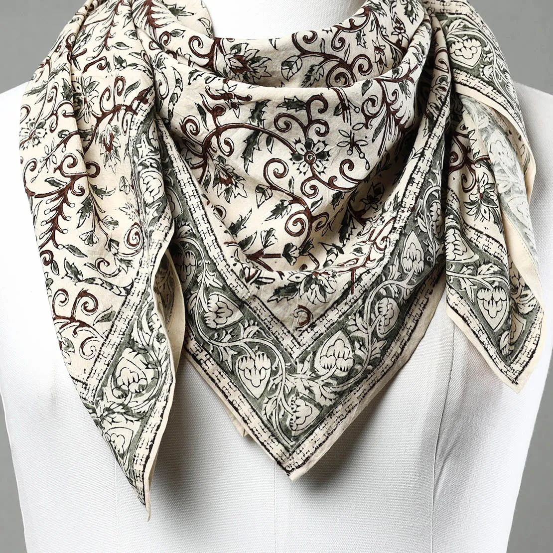 Beige - Pedana Kalamkari Block Printed Natural Dyed Cotton Scarf 88