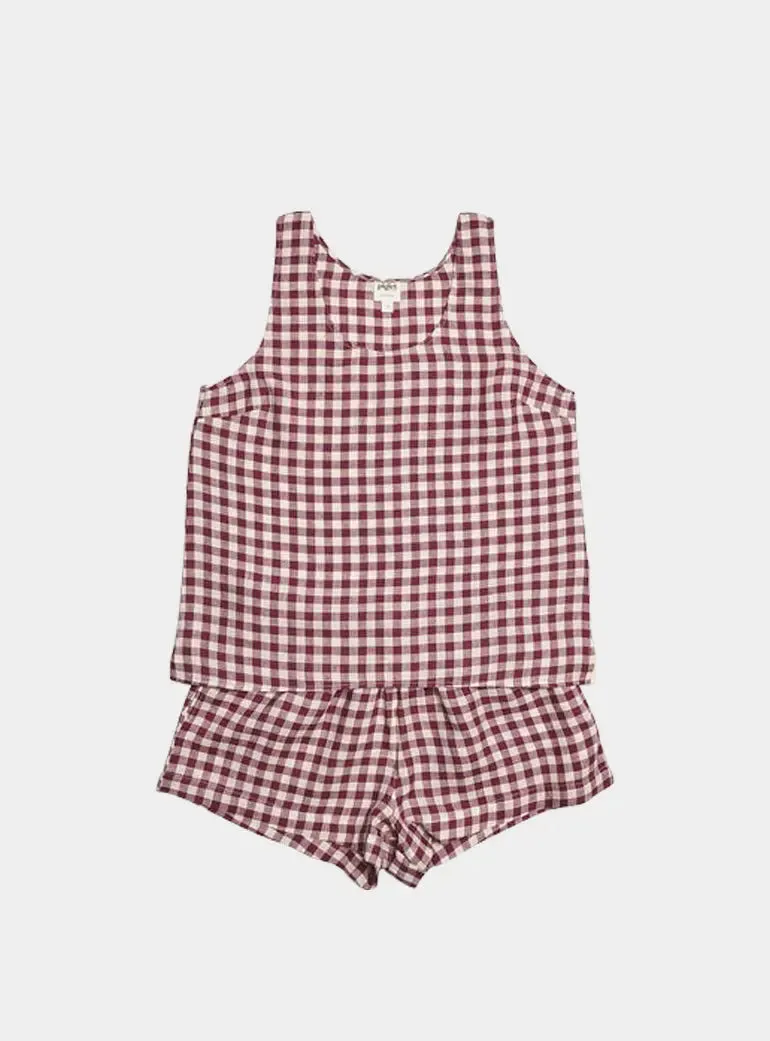 Berry Gingham Linen Cami Short Set