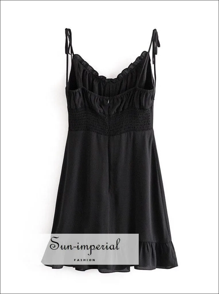 Black A-line Tie Cami Strap Mini Corset Style Dress With Ruffles Detail