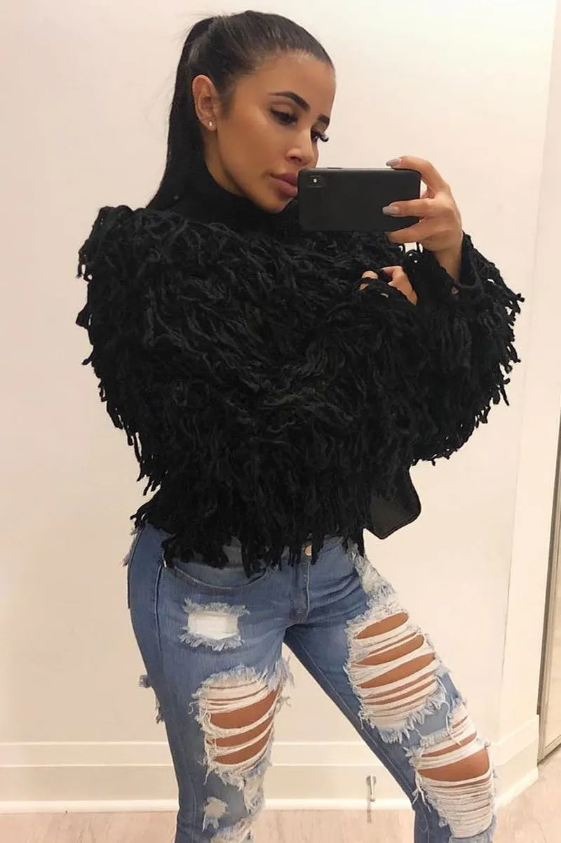 Black Crop Shaggy Jacket - Idelle