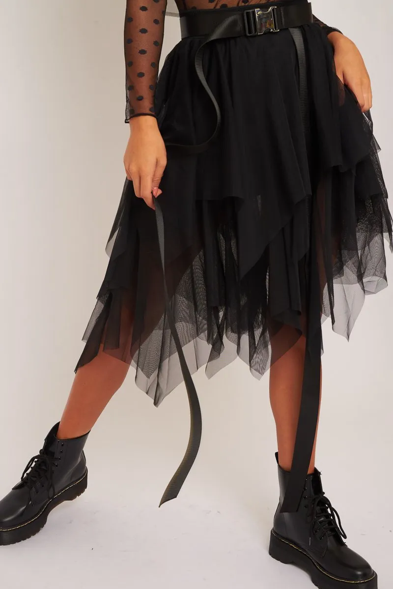 Black Layered Tulle Midi Skirt - Laveta