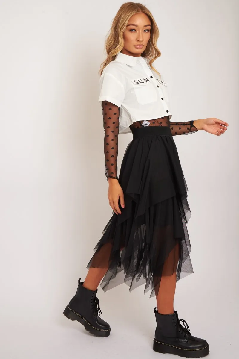 Black Layered Tulle Midi Skirt - Laveta