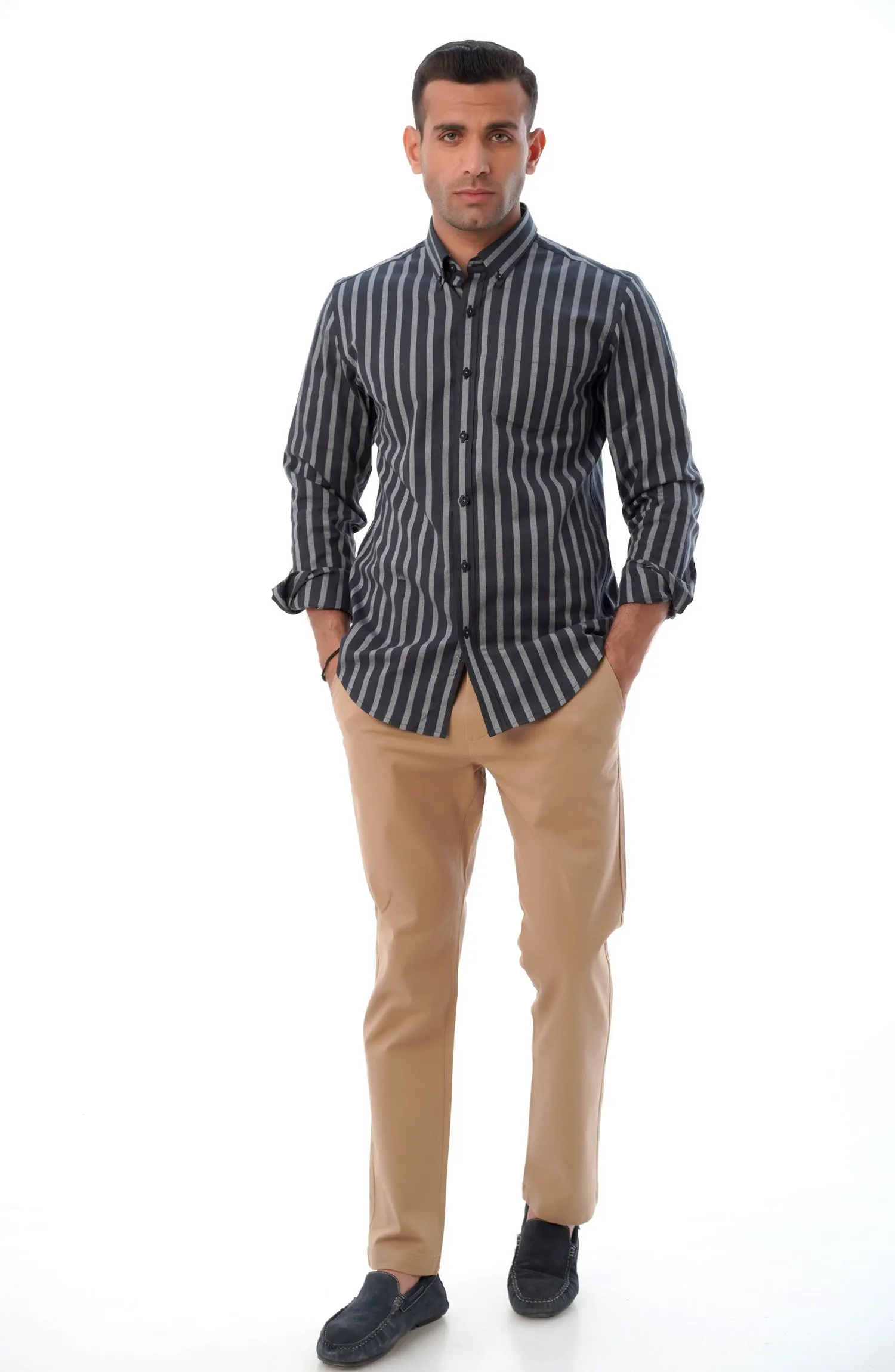 Black Oxford Shirt With Grey Stripes