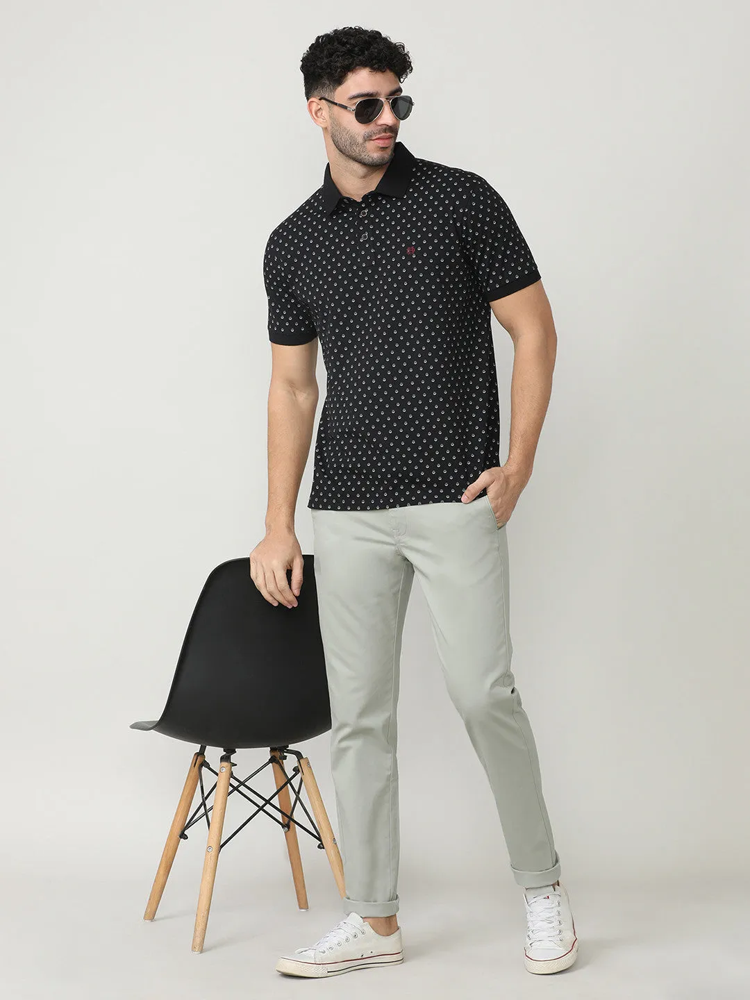 Black Pique Lycra Micro Printed Polo T-shirt