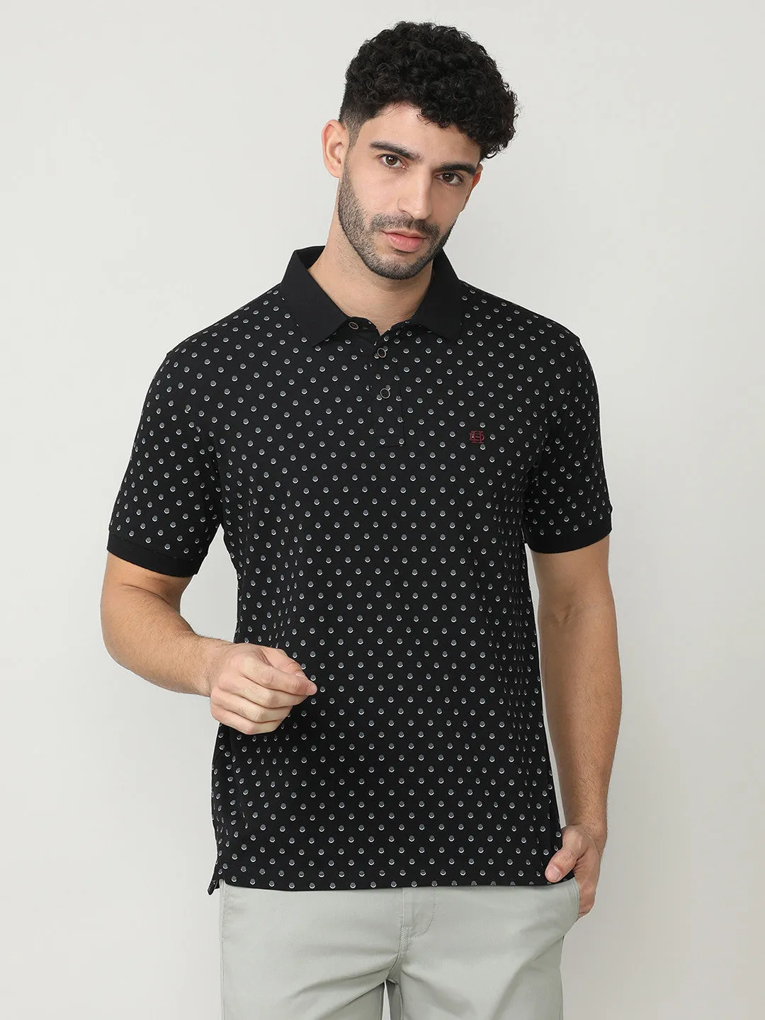 Black Pique Lycra Micro Printed Polo T-shirt