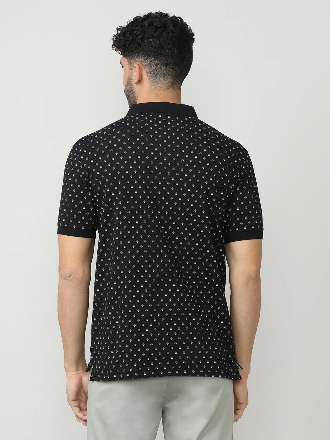 Black Pique Lycra Micro Printed Polo T-shirt