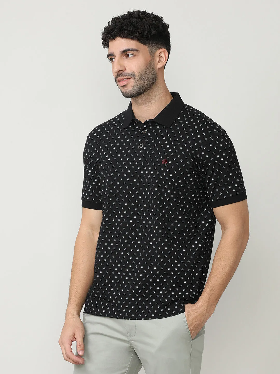 Black Pique Lycra Micro Printed Polo T-shirt