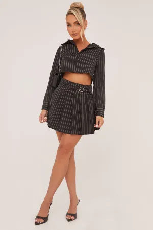 Black Striped Button Up Shirt & Pleated Mini Skirt Co-ord Set - Nancy