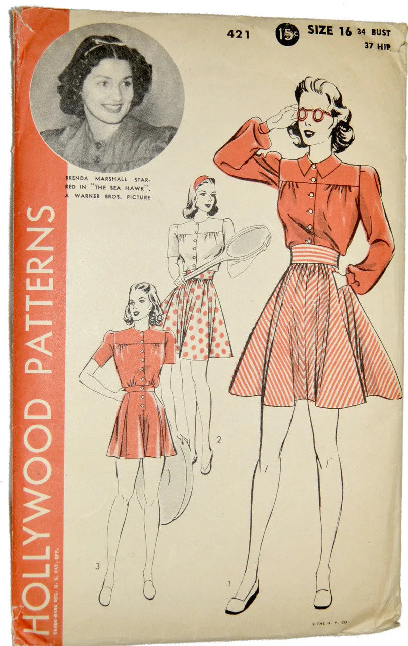 Brenda Marshall Hollywood Pattern 421 UNCUT Playsuit Tennis Skirt 1940s 34B